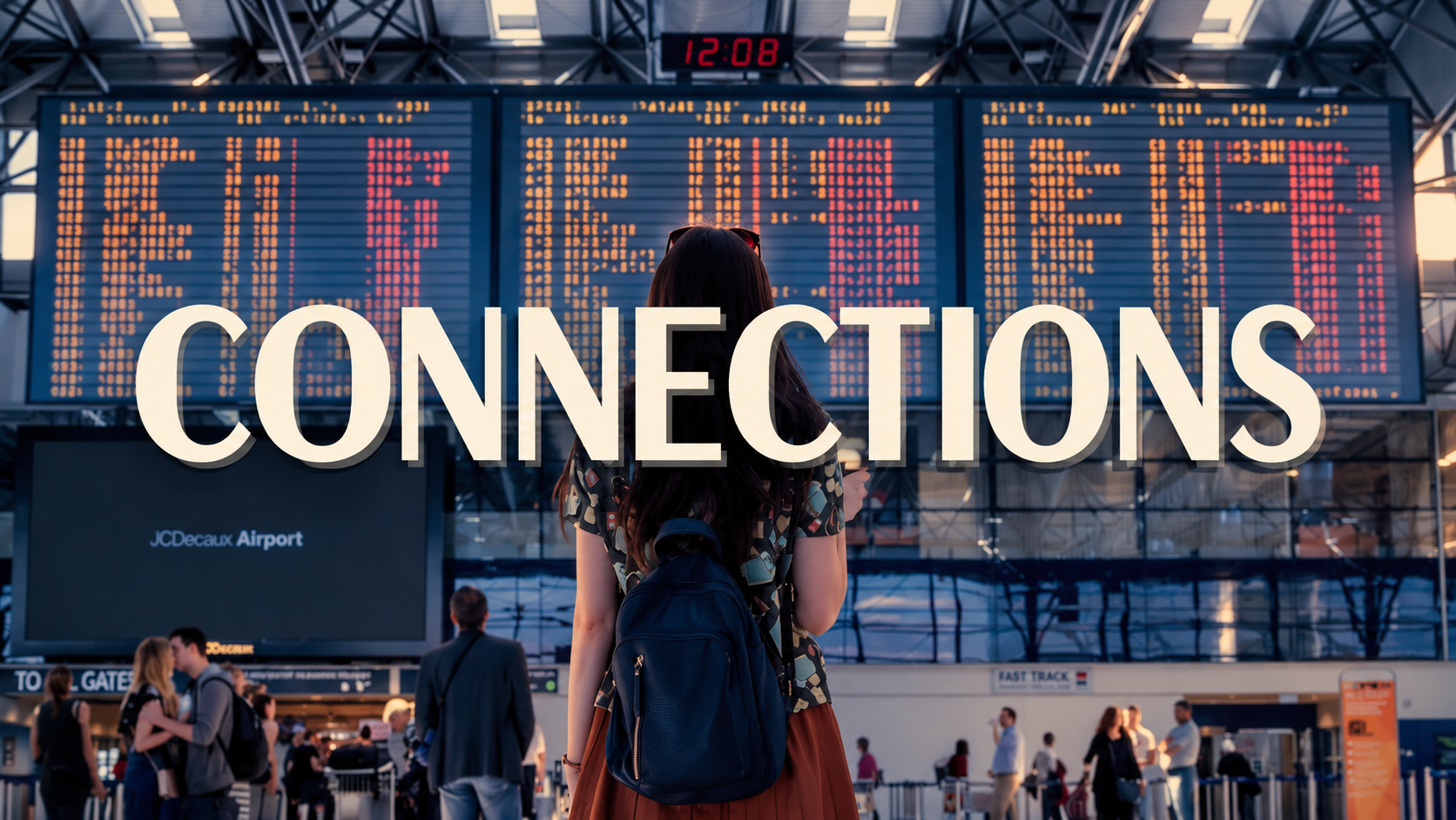 Mulher de mochila diante do painel de voos de um aeroporto, com a palavra CONNECTIONS em destaque