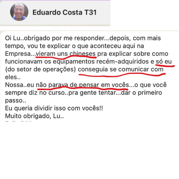 Print de mensagem de Eduardo C.: Foi o único do setor a se comunicar com os técnicos chineses