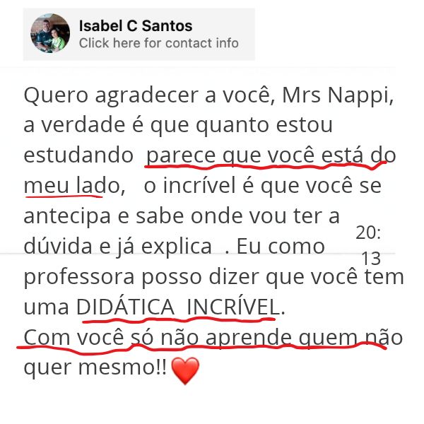 Print de mensagem de Isabel S.: Professora: “você tem uma didática incrível”