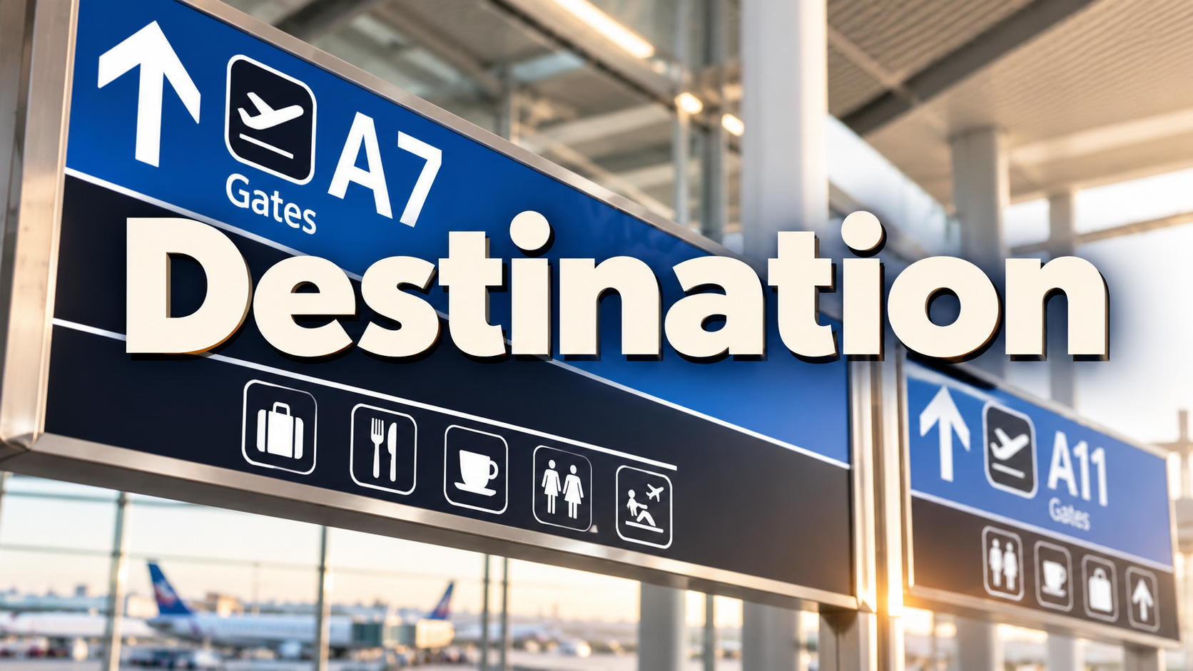 Placa de portões de embarque em um aeroporto, com a palavra Destination em destaque